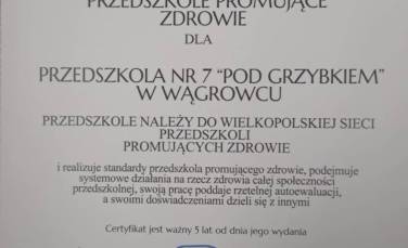 Zdjęcie aktualności Wręczenie Certyfikatu Przedszkole Promujące Zdrowie 